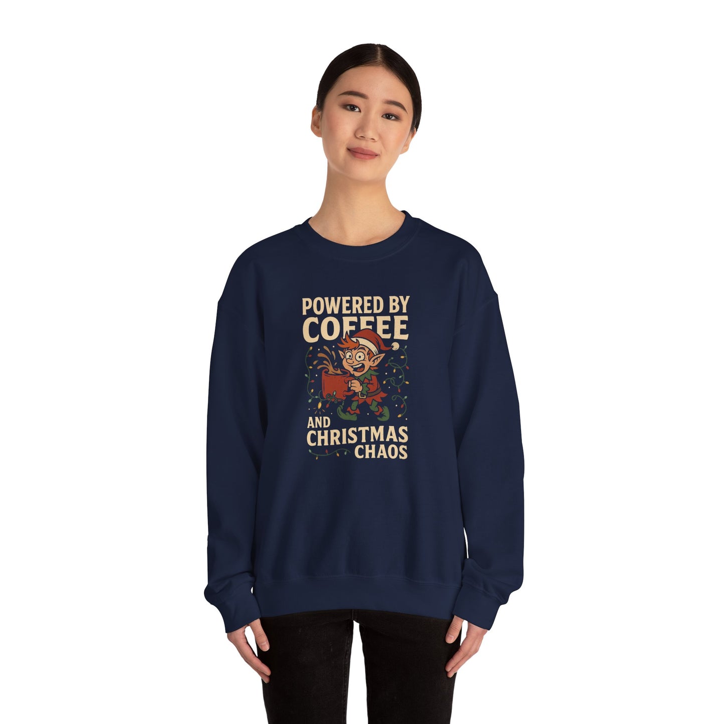 Elf Powered by Coffee and Christmas Chaos Sweatshirt