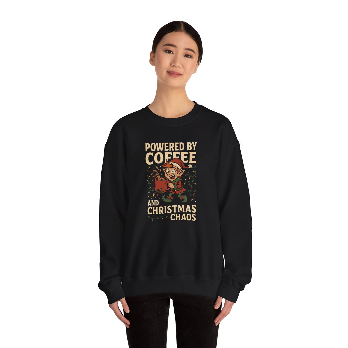 Elf Powered by Coffee and Christmas Chaos Sweatshirt