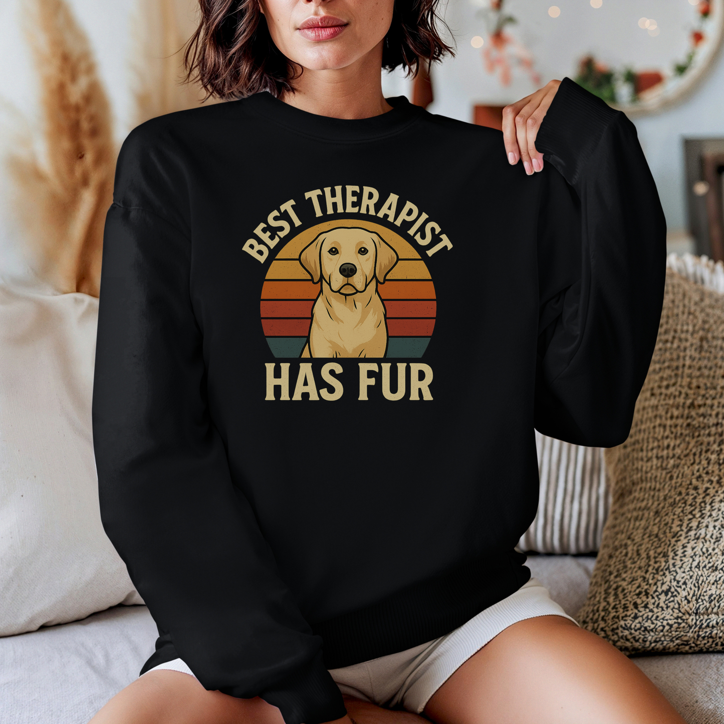 Best Therapist Has Fur Labrador Retriever Sweatshirt | Retro Sunset Dog Design