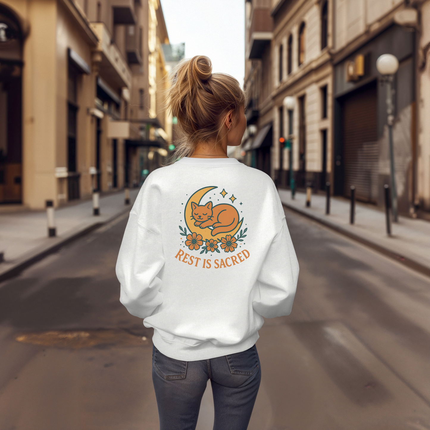 Cat + Moon Rest Is Sacred Sweatshirt
