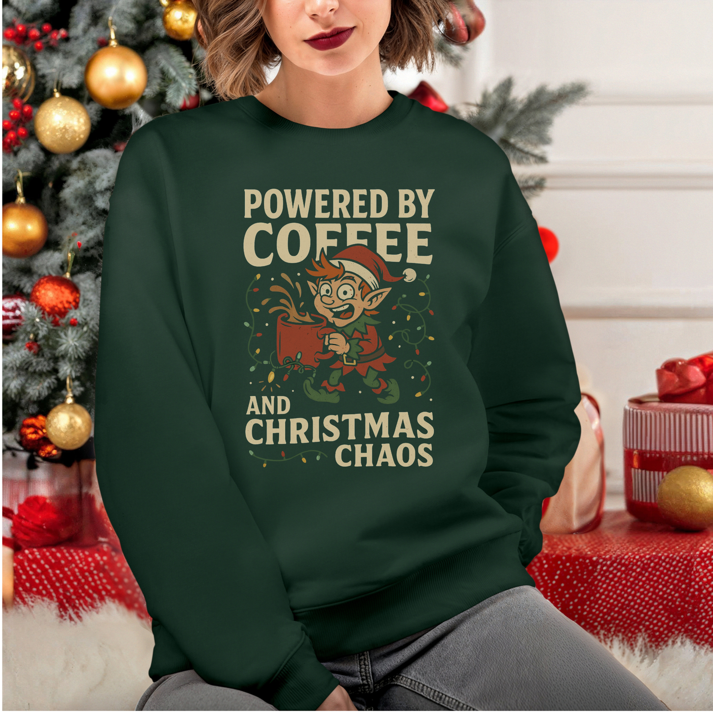Elf Powered by Coffee and Christmas Chaos Sweatshirt